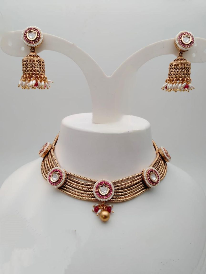 NECKLASE SET IN POLKI (GOLD POLISH) STYLE | DESIGN - 17591