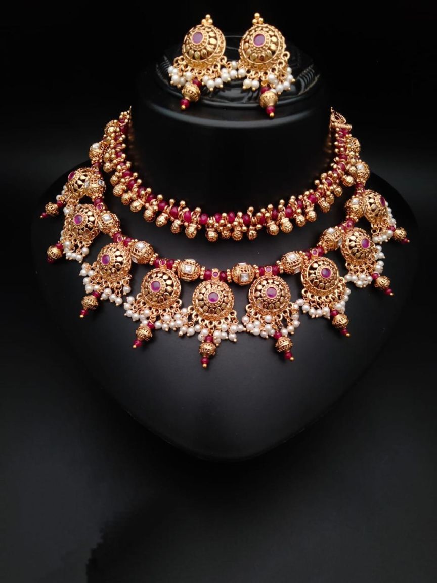NECKLASE SET IN POLKI (GOLD POLISH) STYLE | DESIGN - 17619