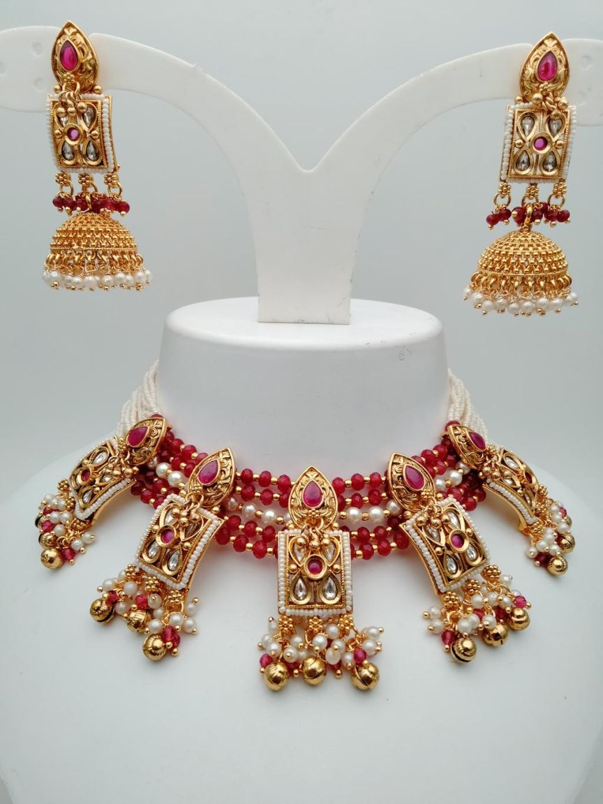 NECKLASE SET IN POLKI (GOLD POLISH) STYLE | DESIGN - 17622