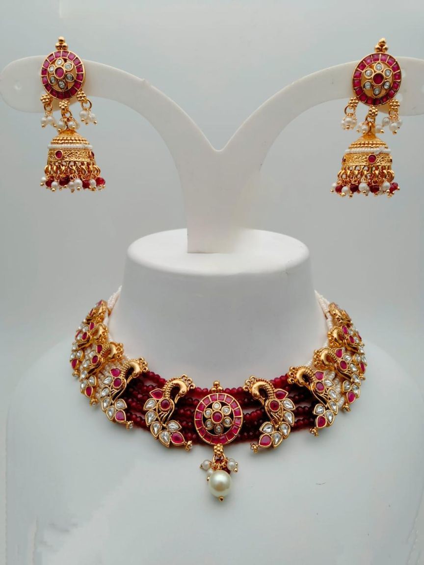 NECKLASE SET IN POLKI (GOLD POLISH) STYLE | DESIGN - 17623