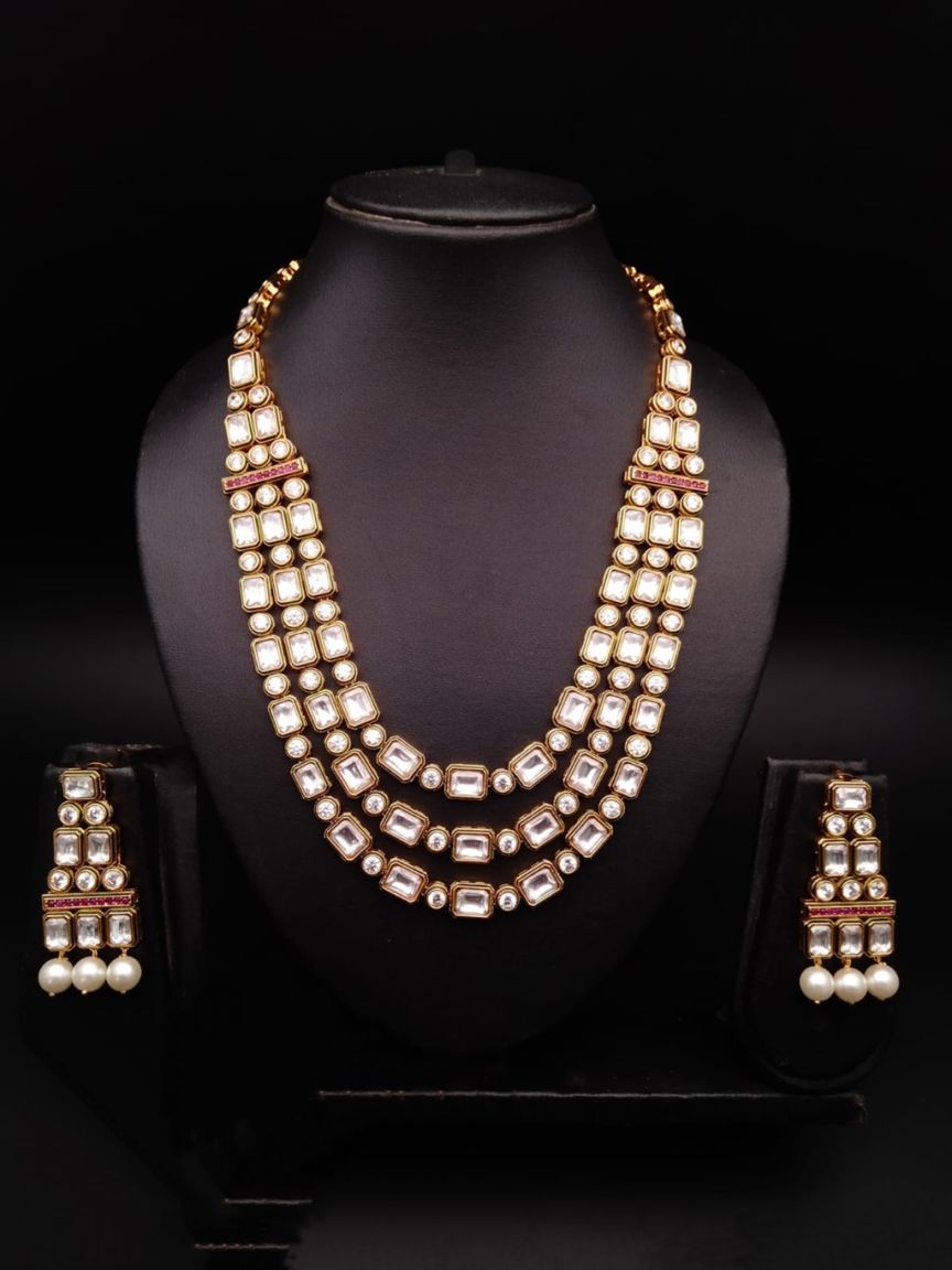 NECKLASE SET IN POLKI (GOLD POLISH) STYLE | DESIGN - 17654
