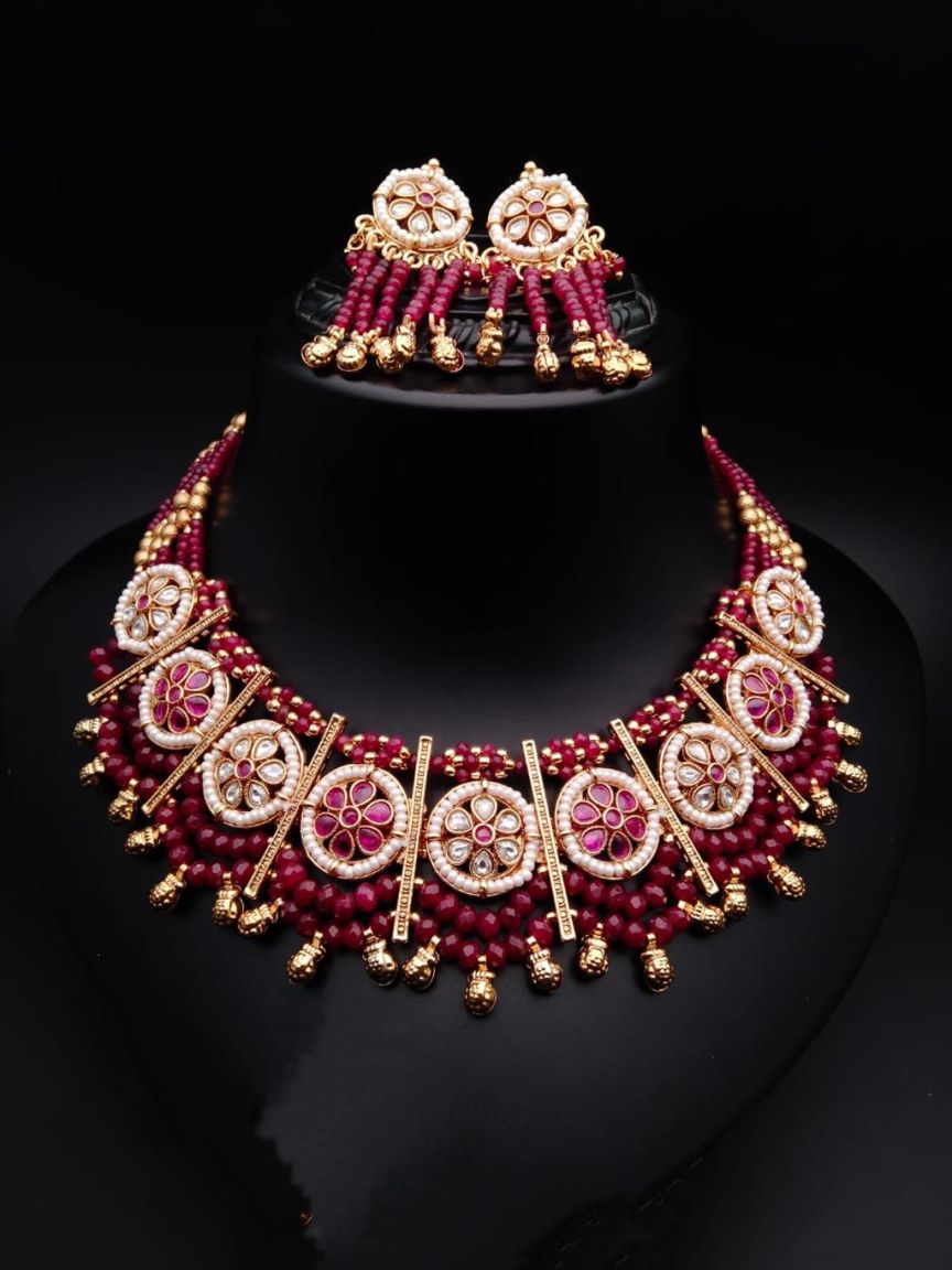 NECKLASE SET IN POLKI (GOLD POLISH) STYLE | DESIGN - 17701