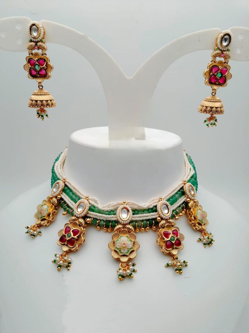 NECKLASE SET IN POLKI (GOLD POLISH) STYLE | DESIGN - 17707
