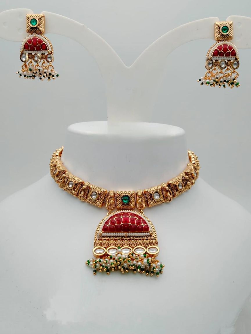 NECKLASE SET IN POLKI (GOLD POLISH) STYLE | DESIGN - 17709