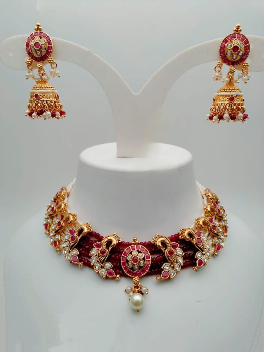 NECKLASE SET IN POLKI (GOLD POLISH) STYLE | DESIGN - 17723