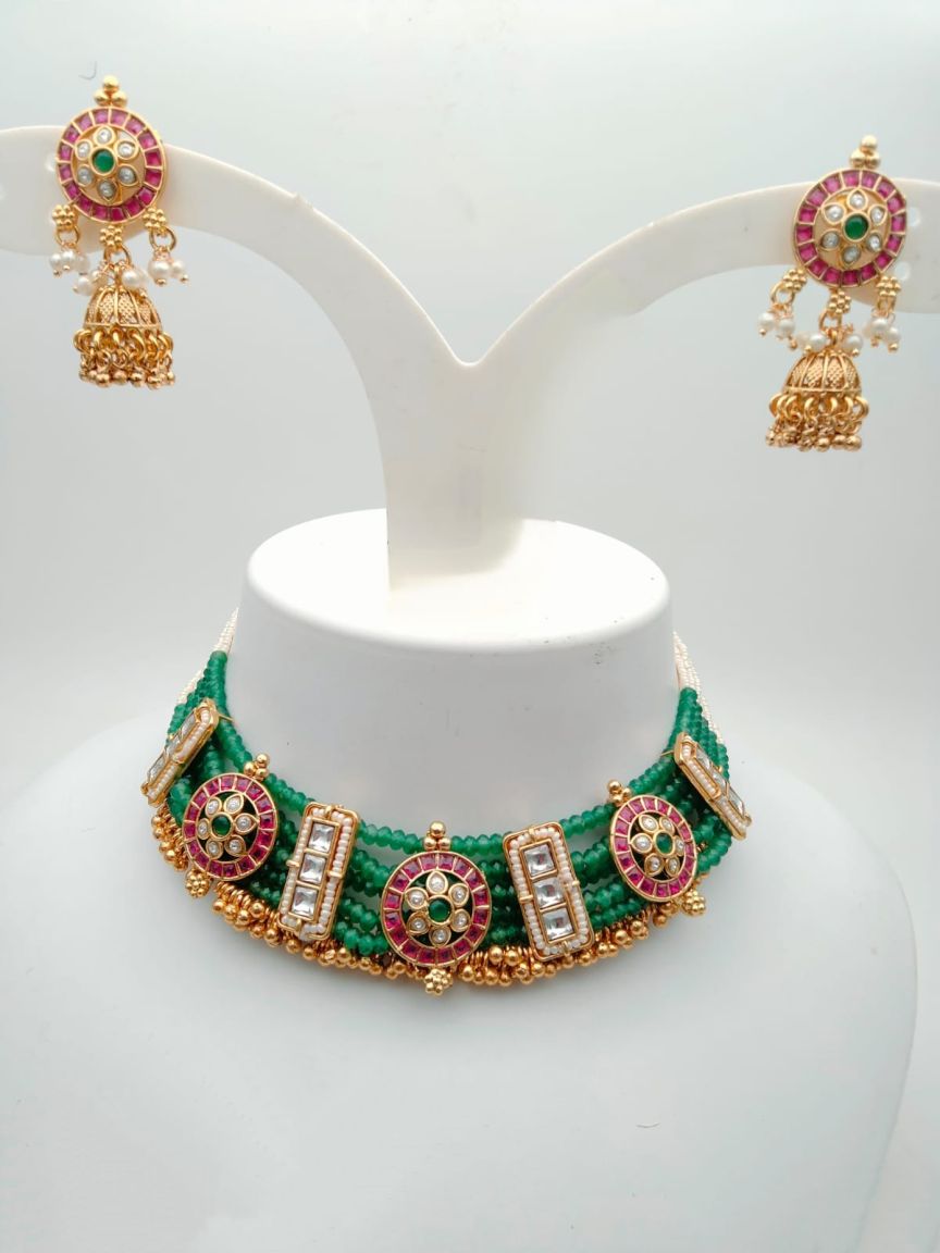 NECKLASE SET IN POLKI (GOLD POLISH) STYLE | DESIGN - 17726