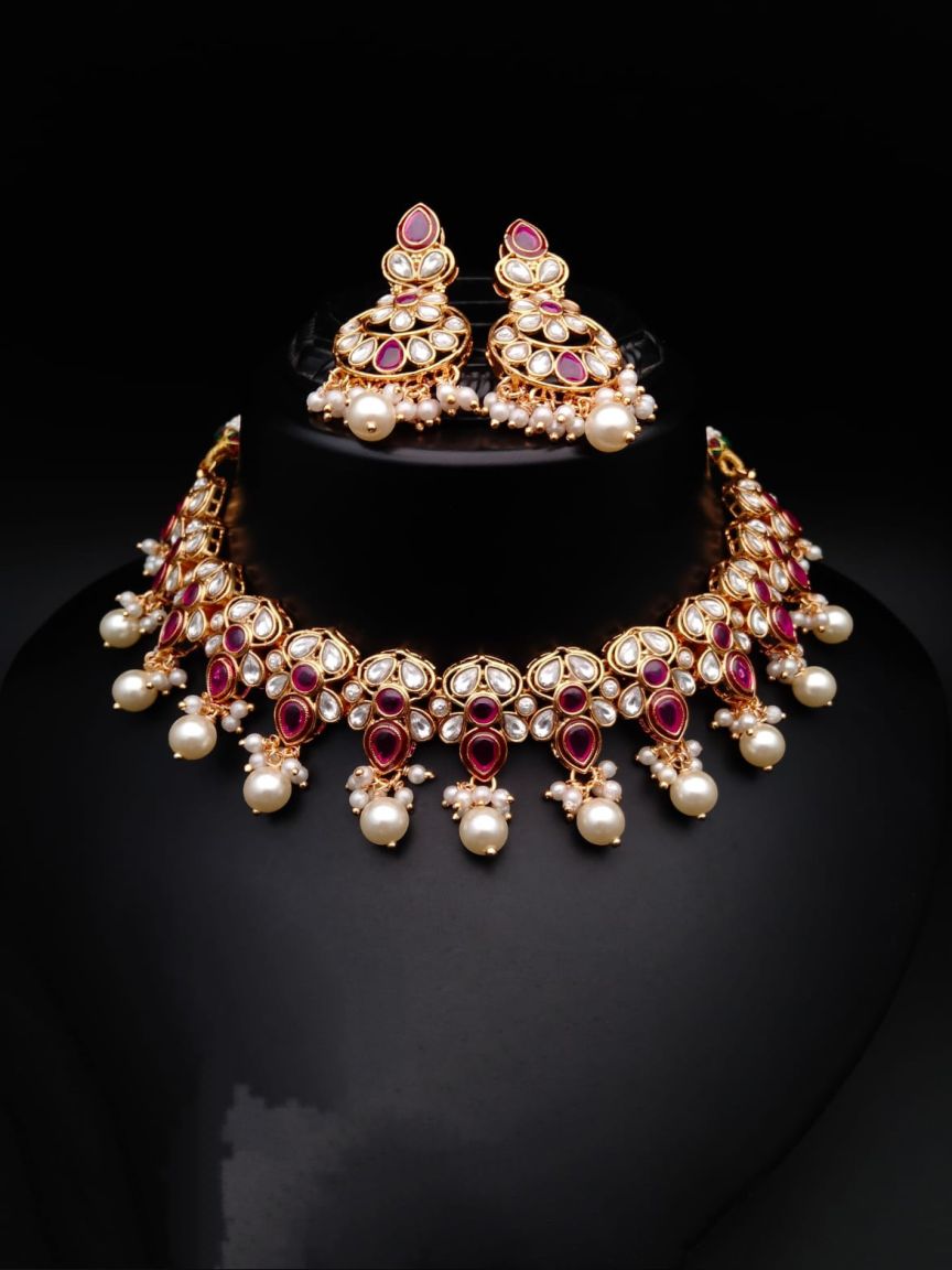 NECKLASE SET IN POLKI (GOLD POLISH) STYLE | DESIGN - 17770