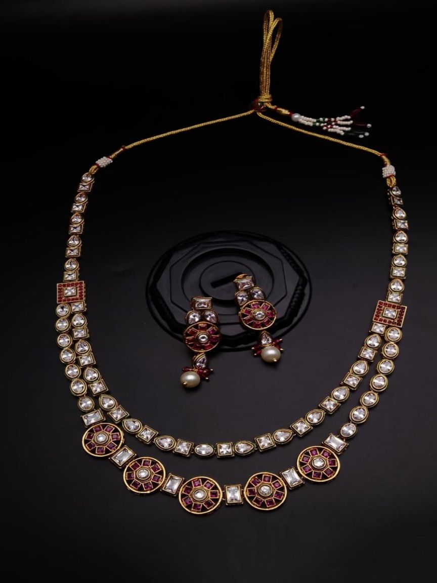 NECKLASE SET IN POLKI (GOLD POLISH) STYLE | DESIGN - 17786