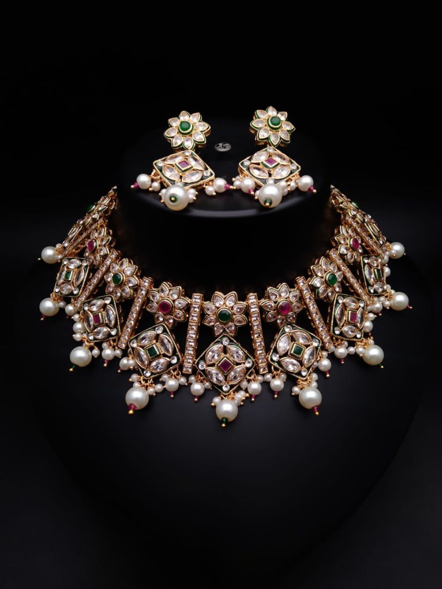 NECKLASE SET IN POLKI (GOLD POLISH) STYLE | DESIGN - 17793