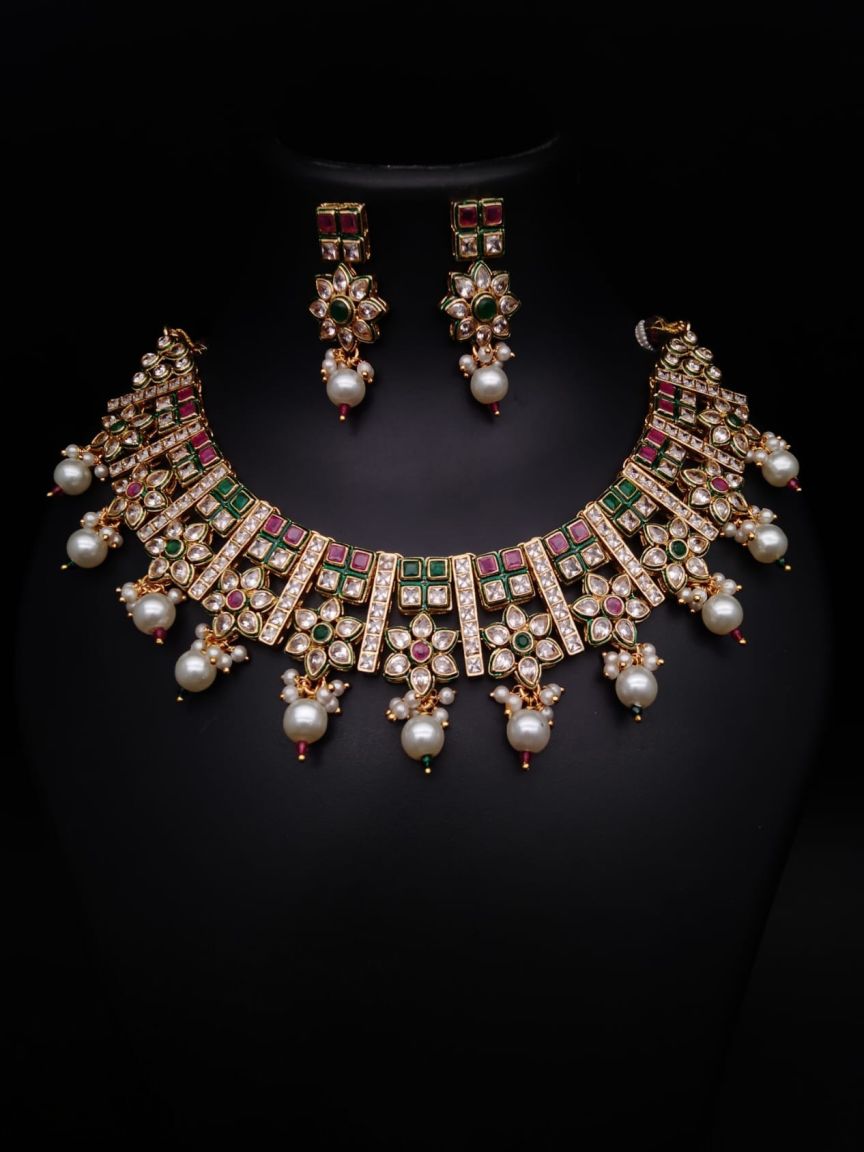 NECKLASE SET IN POLKI (GOLD POLISH) STYLE | DESIGN - 17798