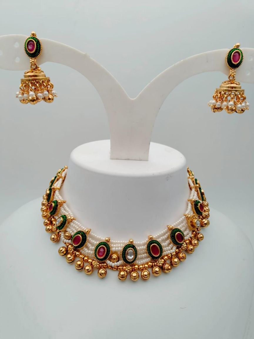 NECKLASE SET IN POLKI (GOLD POLISH) STYLE | DESIGN - 17802
