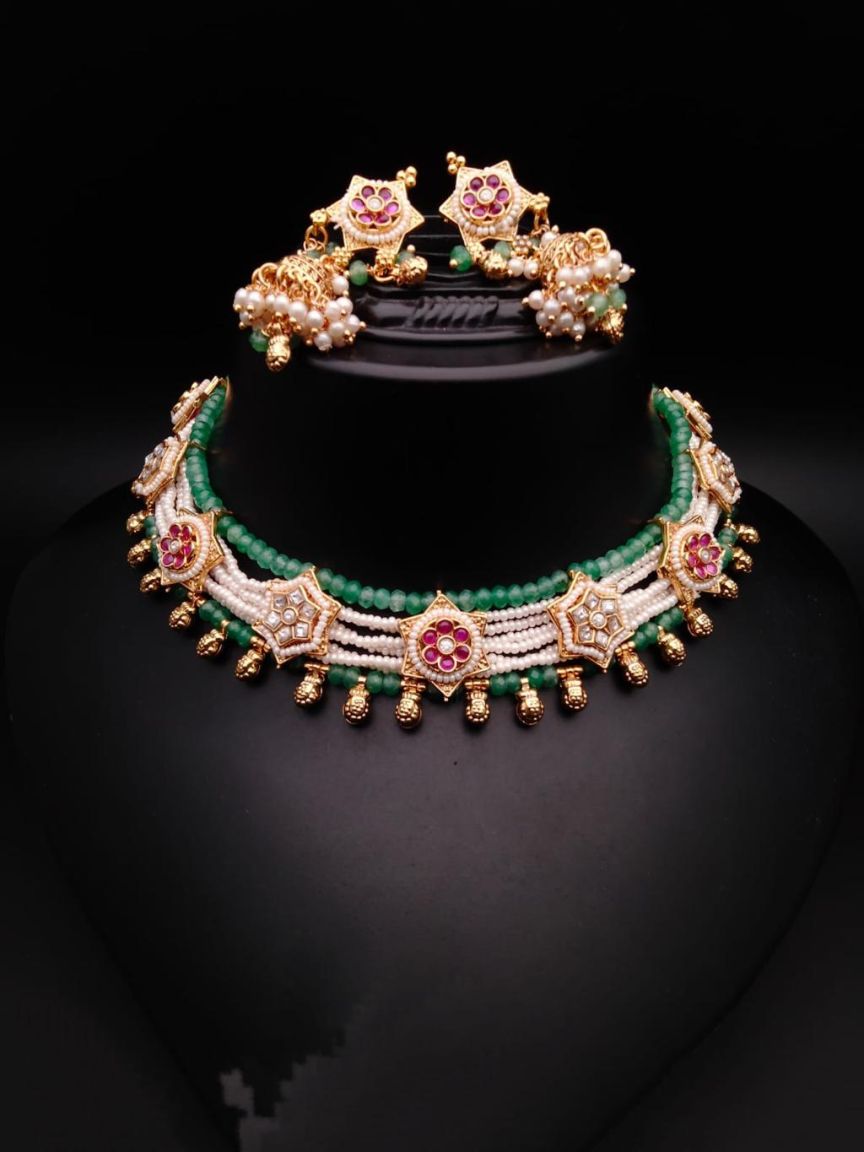 NECKLASE SET IN POLKI (GOLD POLISH) STYLE | DESIGN - 17807