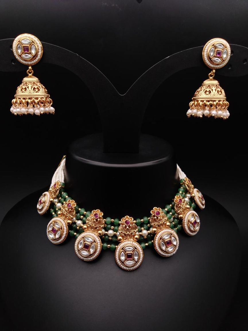 NECKLASE SET IN POLKI (GOLD POLISH) STYLE | DESIGN - 17808