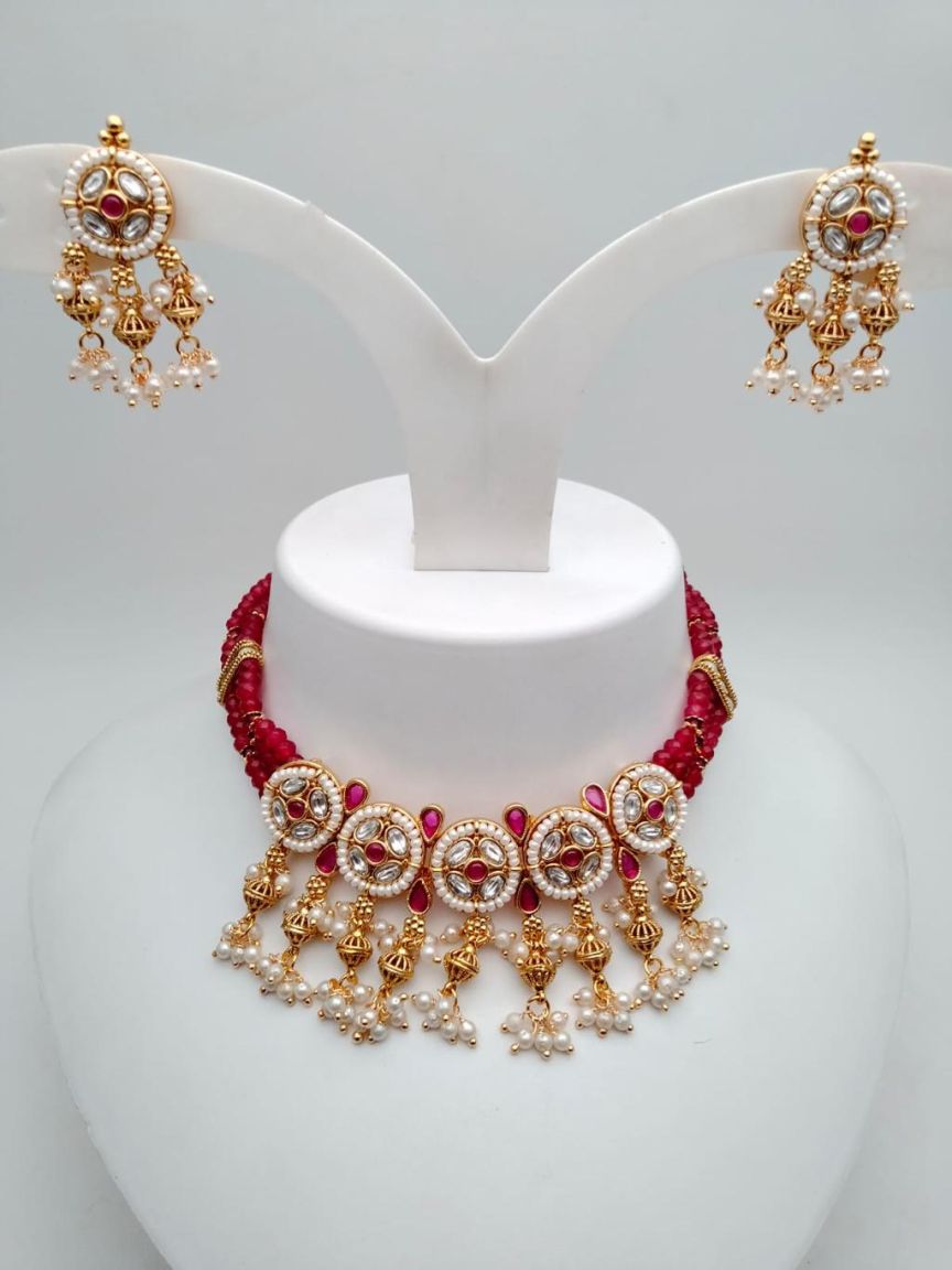 NECKLASE SET IN POLKI (GOLD POLISH) STYLE | DESIGN - 17837