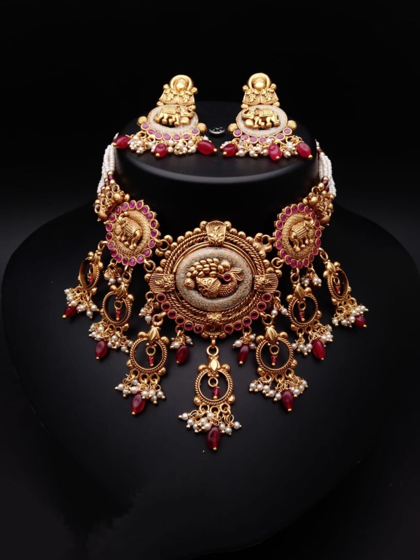 NECKLASE SET IN POLKI (GOLD POLISH) STYLE | DESIGN - 17846