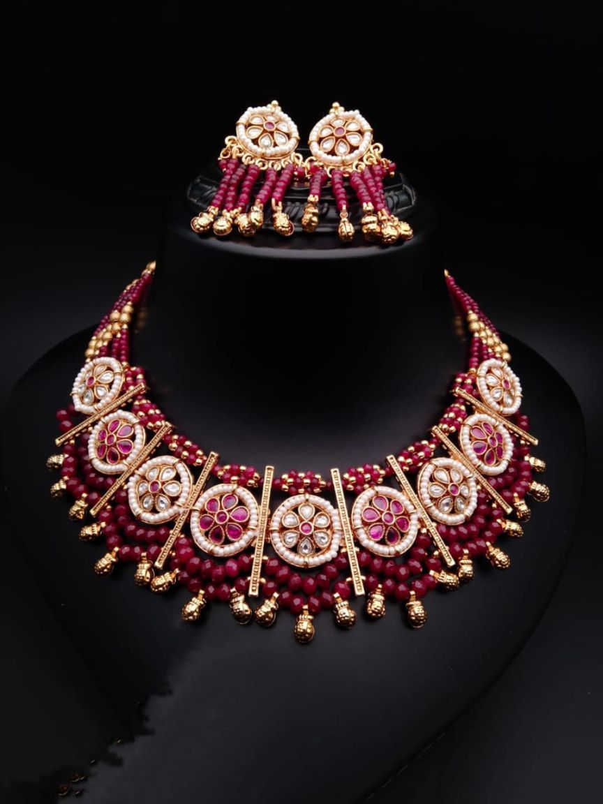 NECKLASE SET IN POLKI (GOLD POLISH) STYLE | DESIGN - 17854
