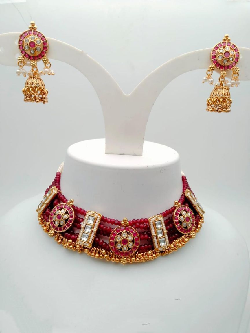 NECKLASE SET IN POLKI (GOLD POLISH) STYLE | DESIGN - 17860