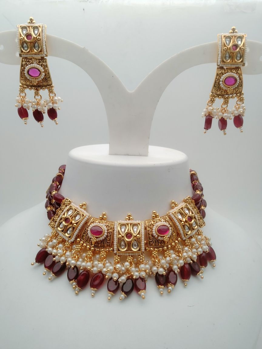 NECKLASE SET IN POLKI (GOLD POLISH) STYLE | DESIGN - 17861