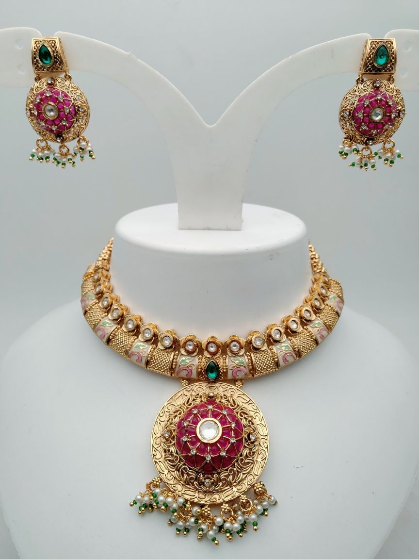 NECKLASE SET IN POLKI (GOLD POLISH) STYLE | DESIGN - 17862