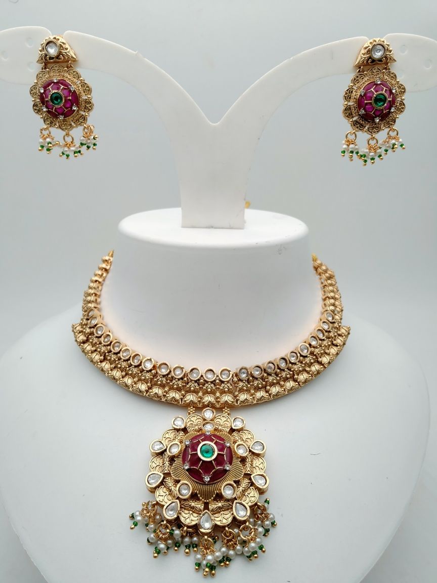 NECKLASE SET IN POLKI (GOLD POLISH) STYLE | DESIGN - 17865