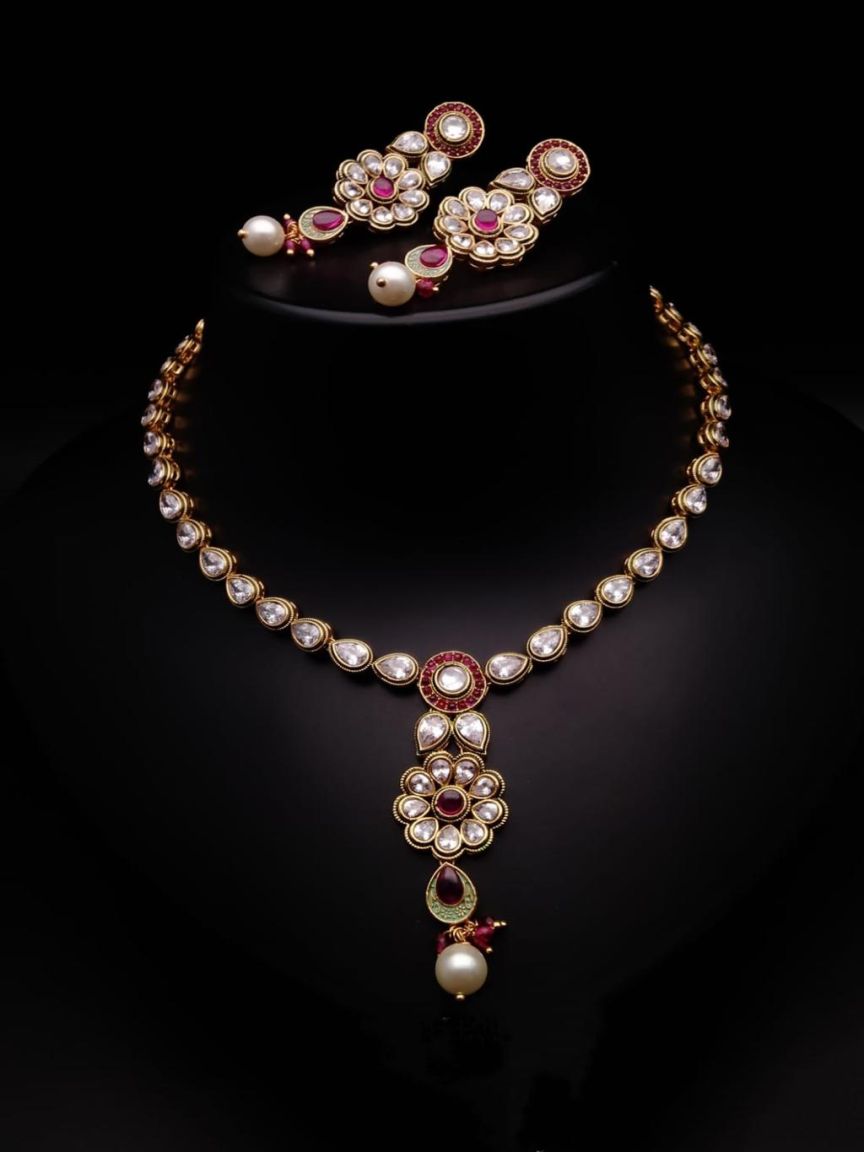 NECKLASE SET IN POLKI (GOLD POLISH) STYLE | DESIGN - 17887