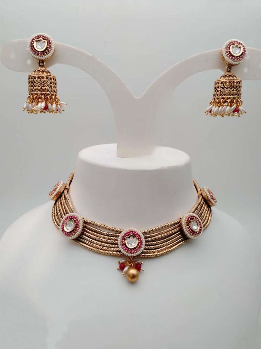 NECKLASE SET IN POLKI (GOLD POLISH) STYLE | DESIGN - 17899