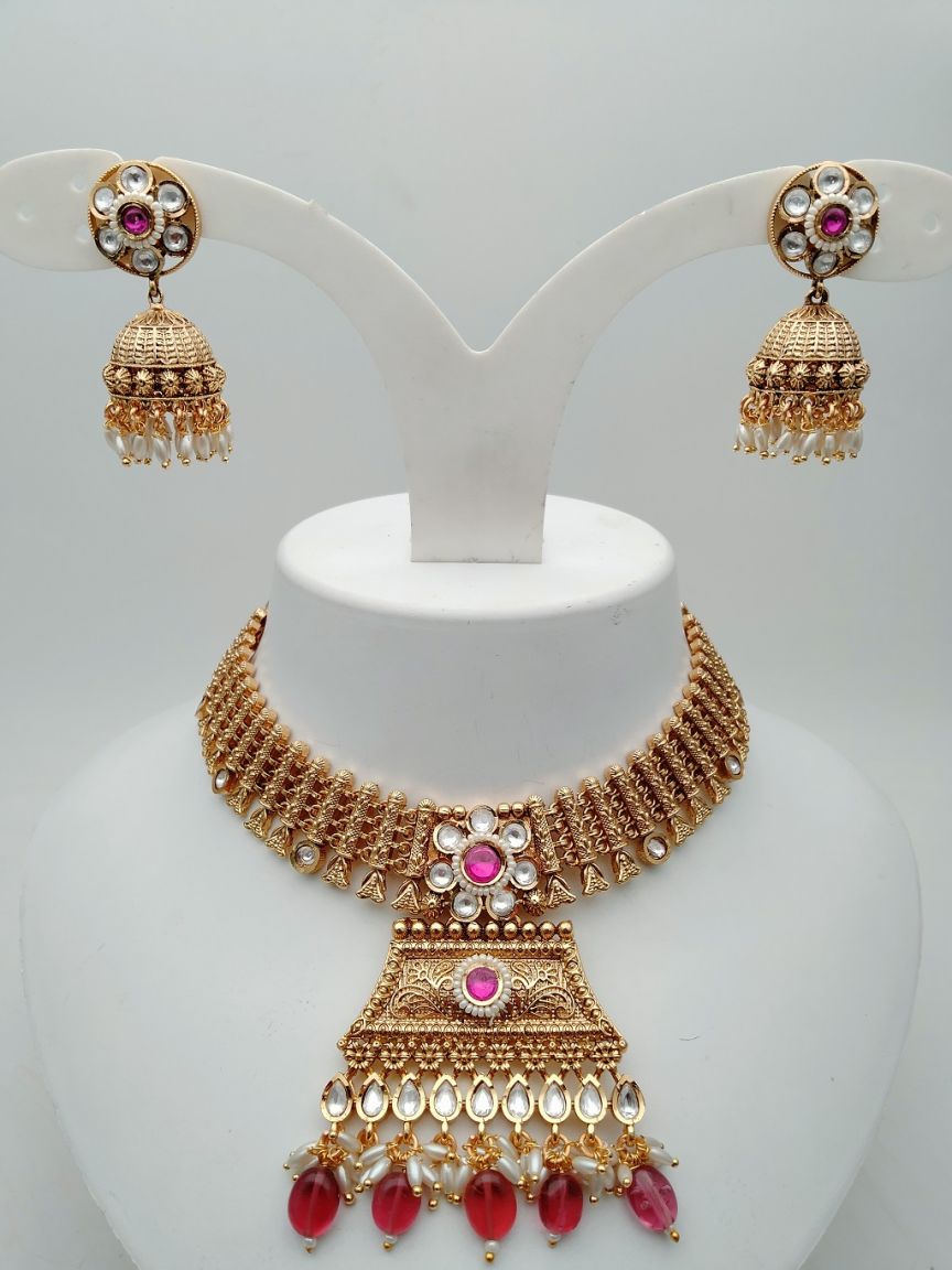 NECKLASE SET IN POLKI (GOLD POLISH) STYLE | DESIGN - 17900