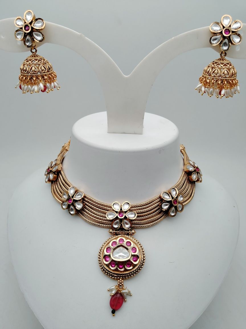 NECKLASE SET IN POLKI (GOLD POLISH) STYLE | DESIGN - 17901