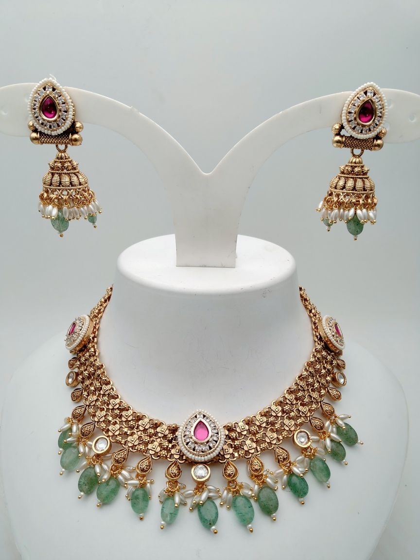 NECKLASE SET IN POLKI (GOLD POLISH) STYLE | DESIGN - 17902