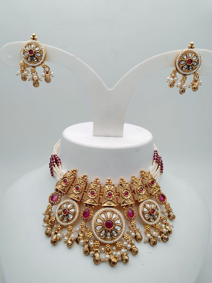 NECKLASE SET IN POLKI (GOLD POLISH) STYLE | DESIGN - 17919