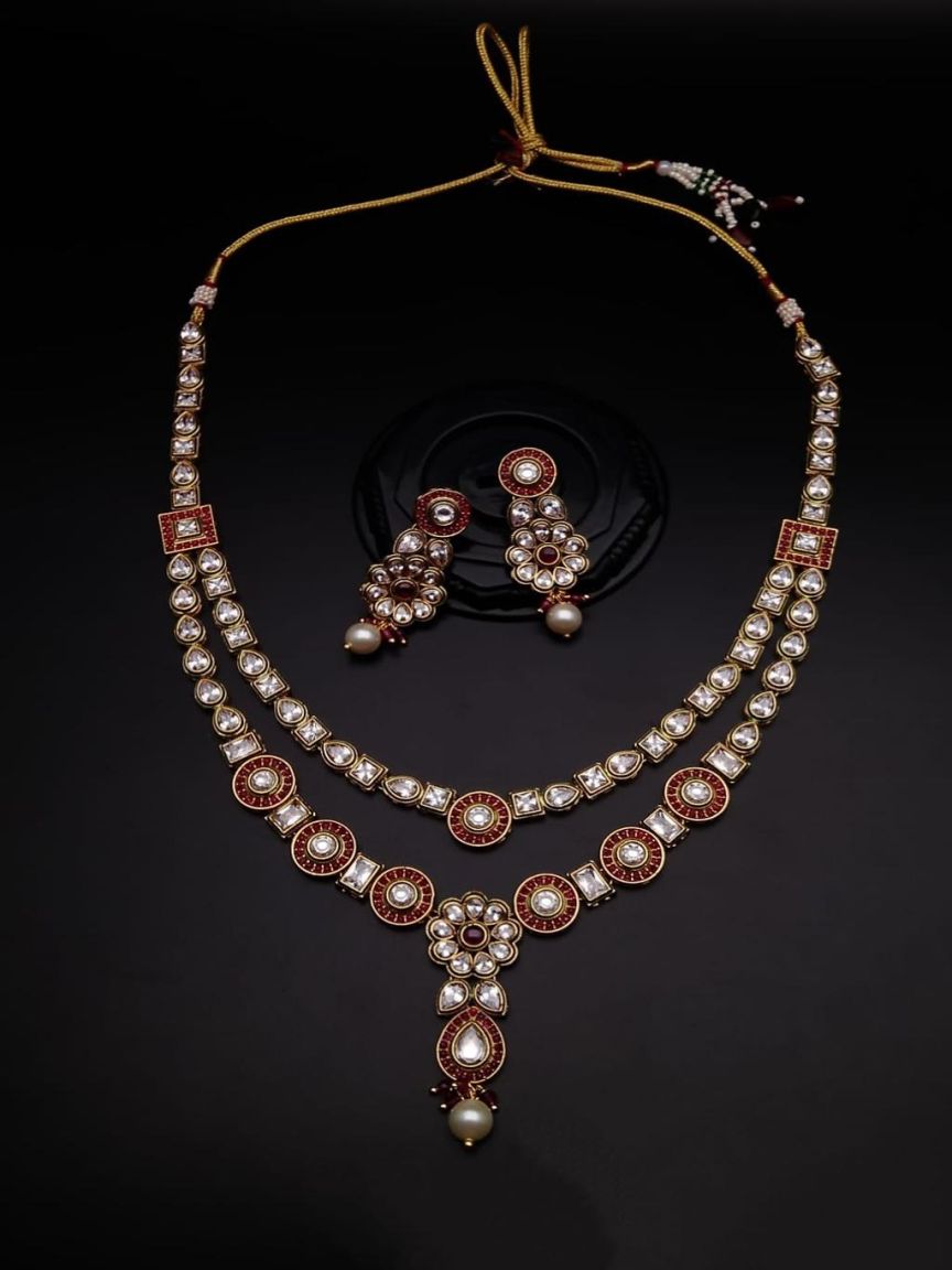 NECKLASE SET IN POLKI (GOLD POLISH) STYLE | DESIGN - 17936