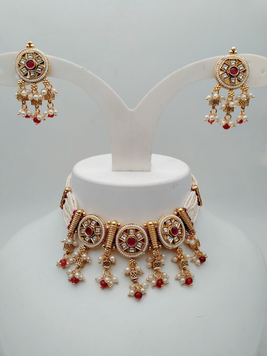NECKLASE SET IN POLKI (GOLD POLISH) STYLE | DESIGN - 17954