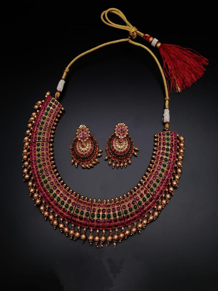 NECKLASE SET IN POLKI (GOLD POLISH) STYLE | DESIGN - 17961
