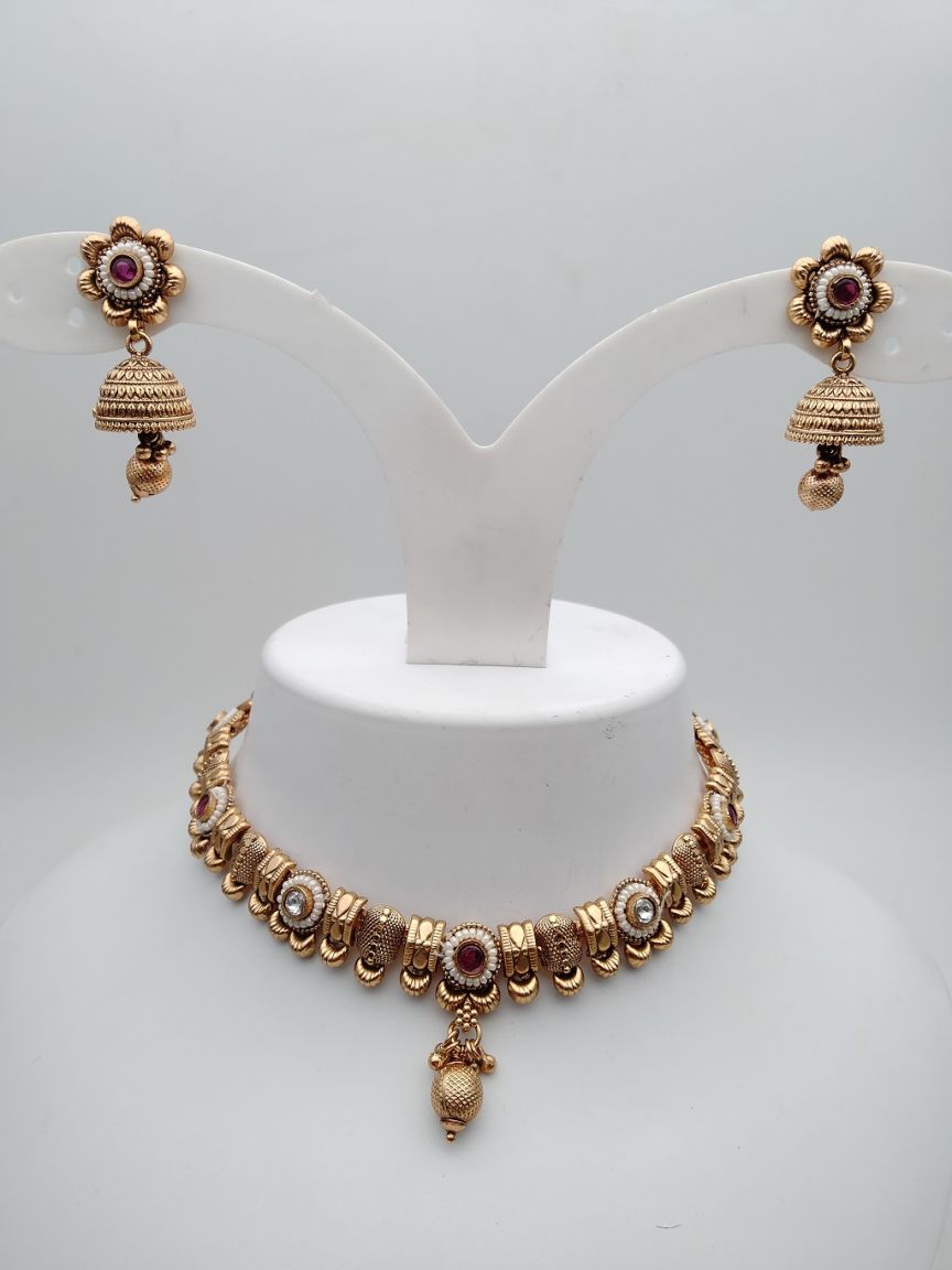 NECKLASE SET IN POLKI (GOLD POLISH) STYLE | DESIGN - 18019