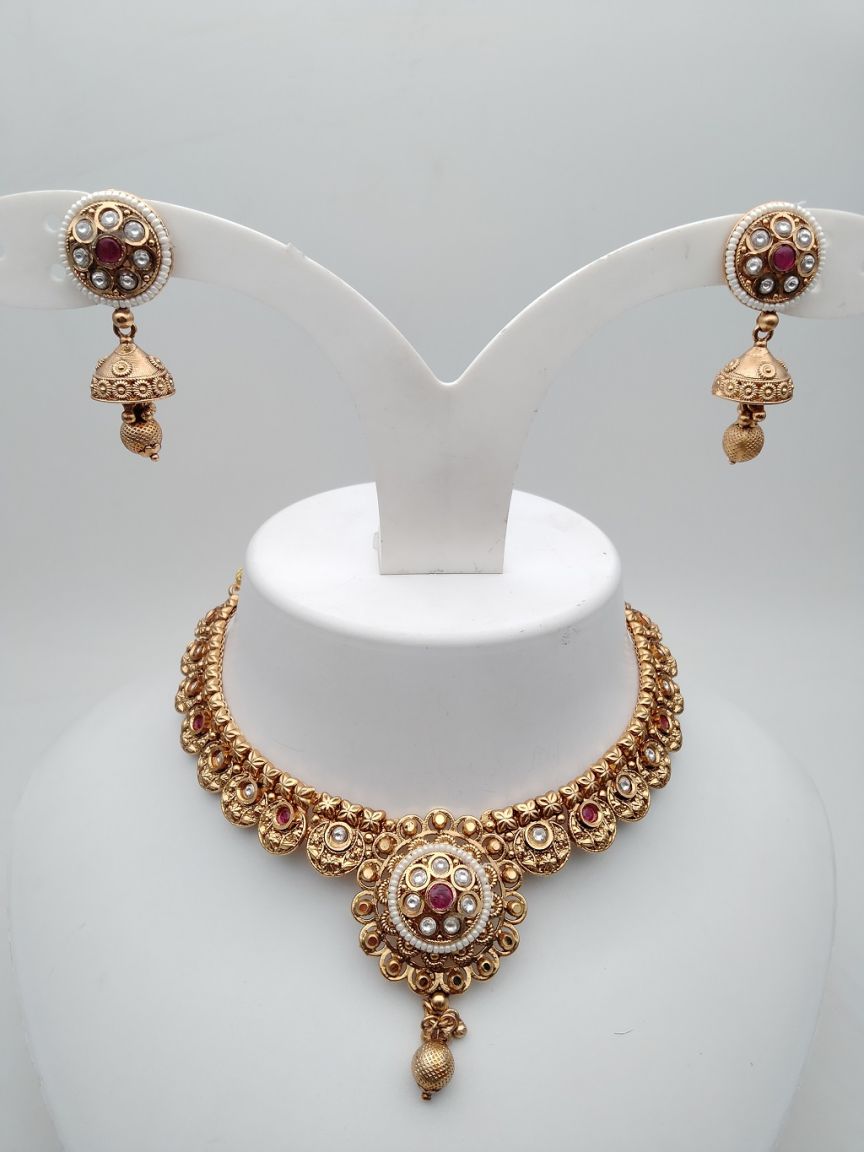 NECKLASE SET IN POLKI (GOLD POLISH) STYLE | DESIGN - 18024