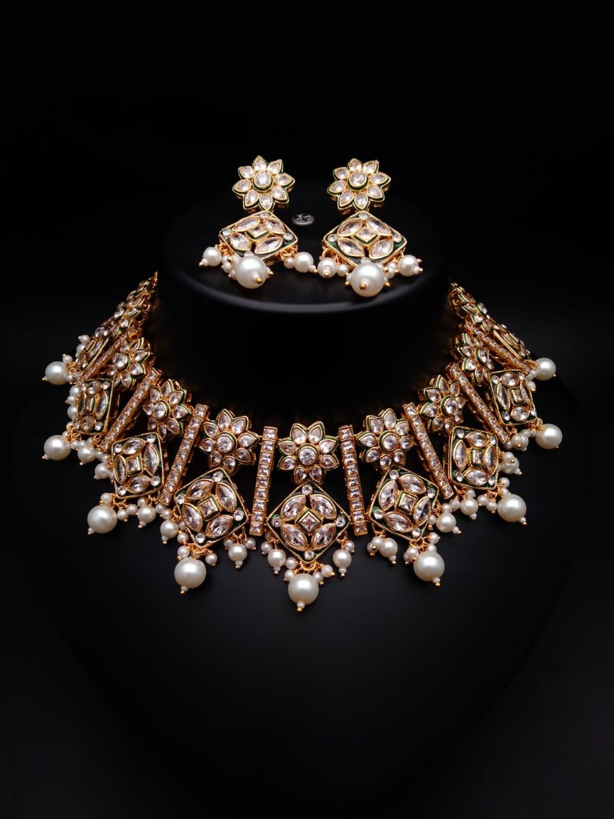 NECKLASE SET IN POLKI (GOLD POLISH) STYLE | DESIGN - 18037