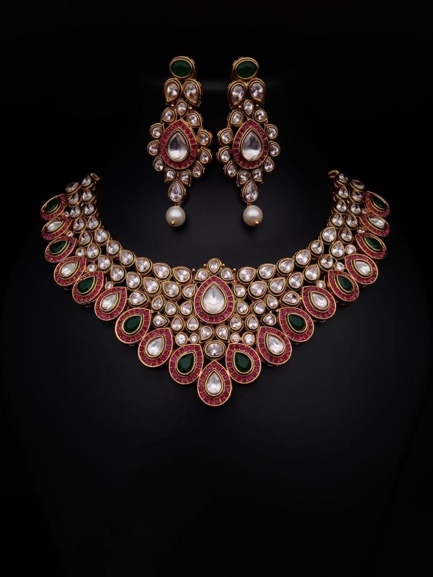 NECKLASE SET IN POLKI (GOLD POLISH) STYLE | DESIGN - 18038