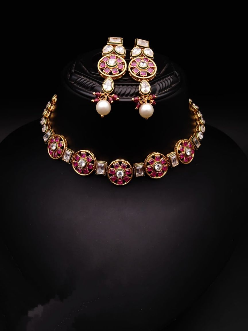 NECKLASE SET IN POLKI (GOLD POLISH) STYLE | DESIGN - 18044