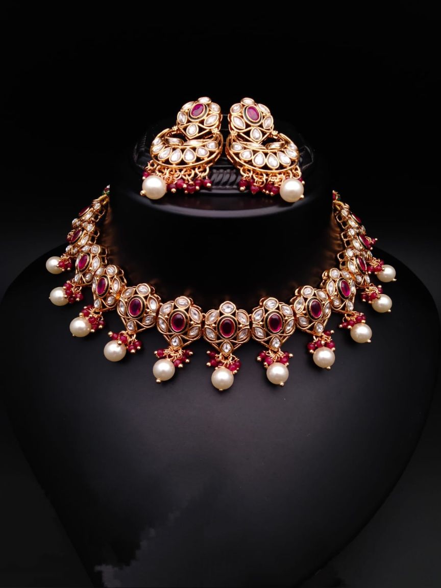 NECKLASE SET IN POLKI (GOLD POLISH) STYLE | DESIGN - 18050