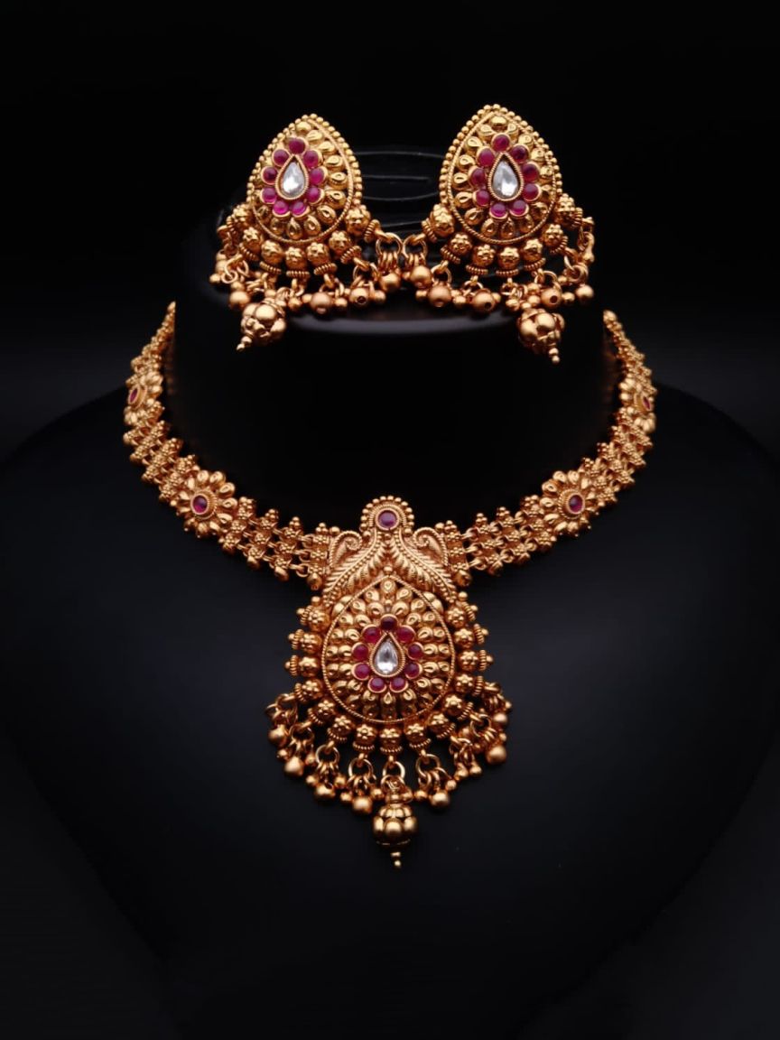 NECKLASE SET IN POLKI (GOLD POLISH) STYLE | DESIGN - 18068