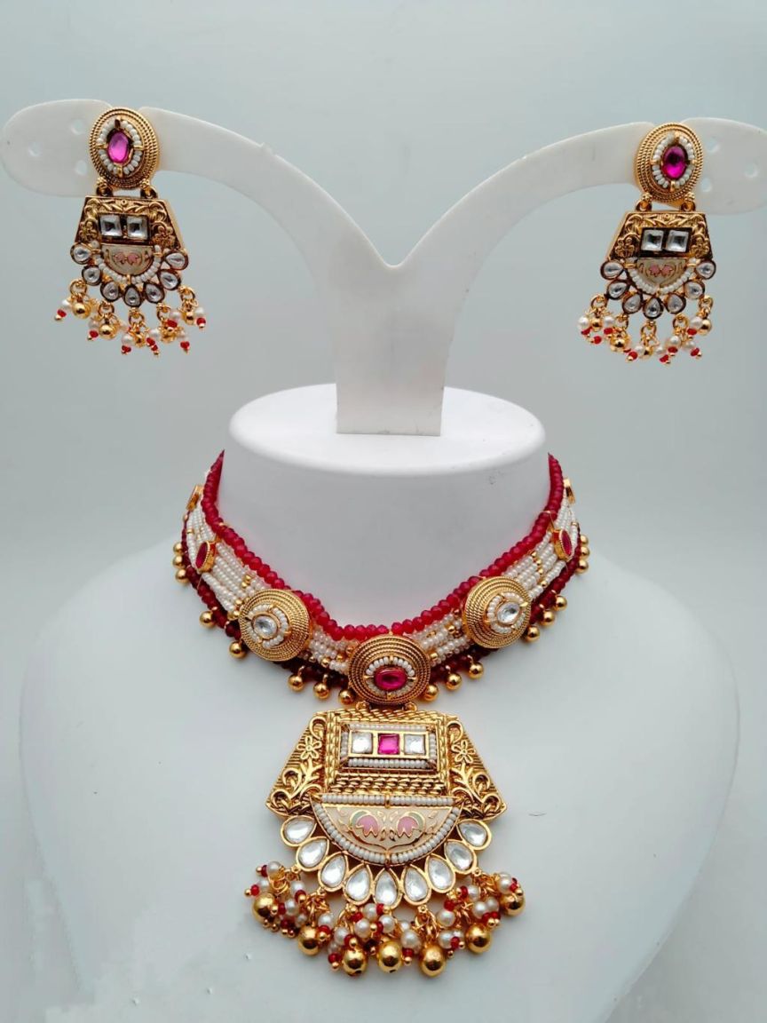 NECKLASE SET IN POLKI (GOLD POLISH) STYLE | DESIGN - 18087