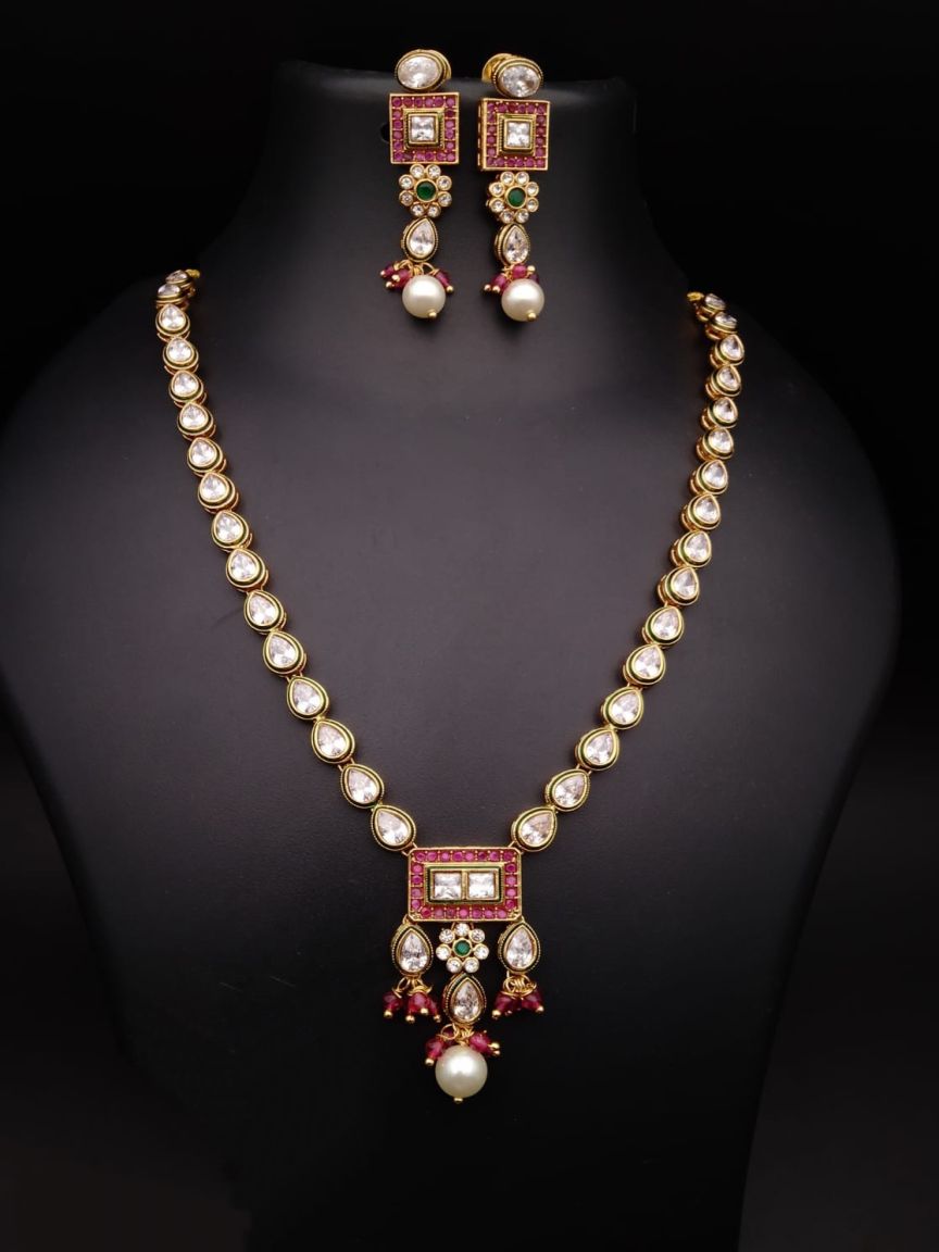 NECKLASE SET IN POLKI (GOLD POLISH) STYLE | DESIGN - 18138