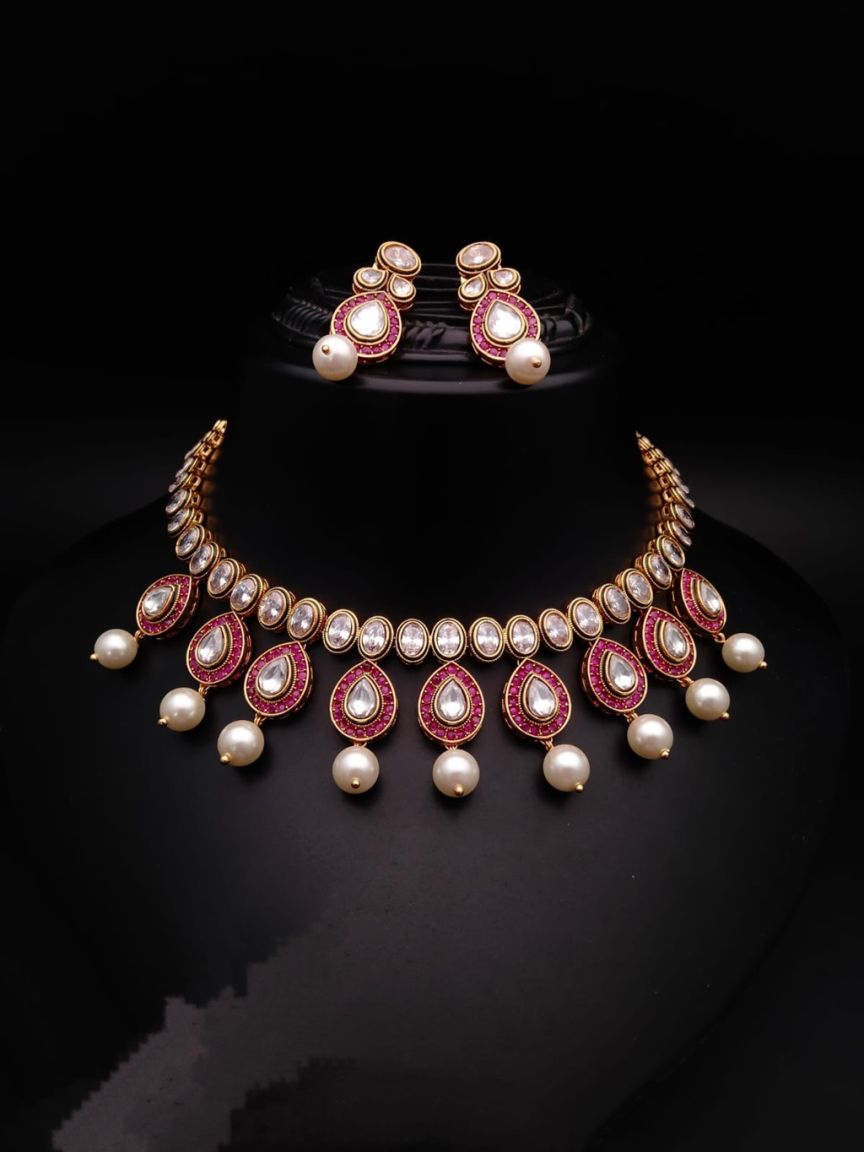 NECKLASE SET IN POLKI (GOLD POLISH) STYLE | DESIGN - 18139