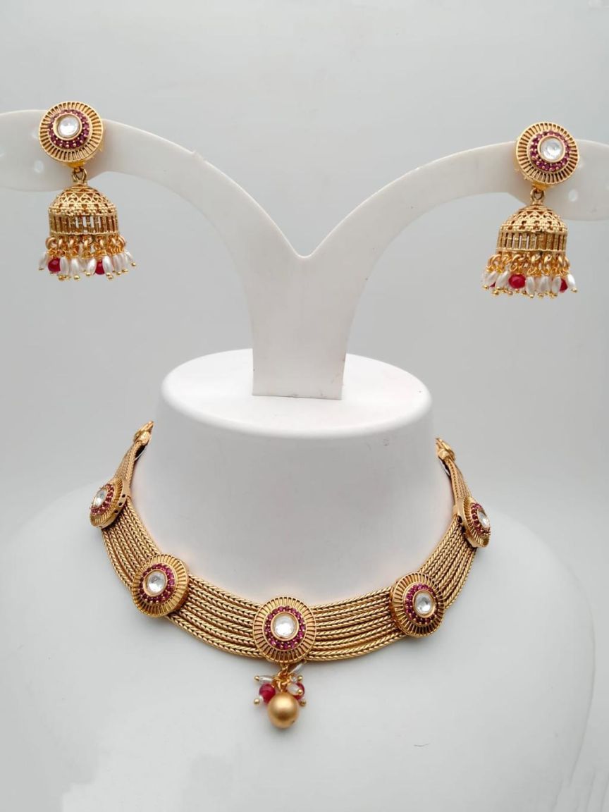 NECKLASE SET IN POLKI (GOLD POLISH) STYLE | DESIGN - 18174