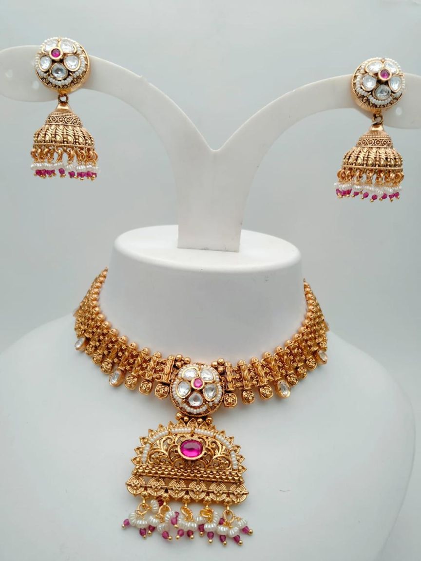 NECKLASE SET IN POLKI (GOLD POLISH) STYLE | DESIGN - 18177