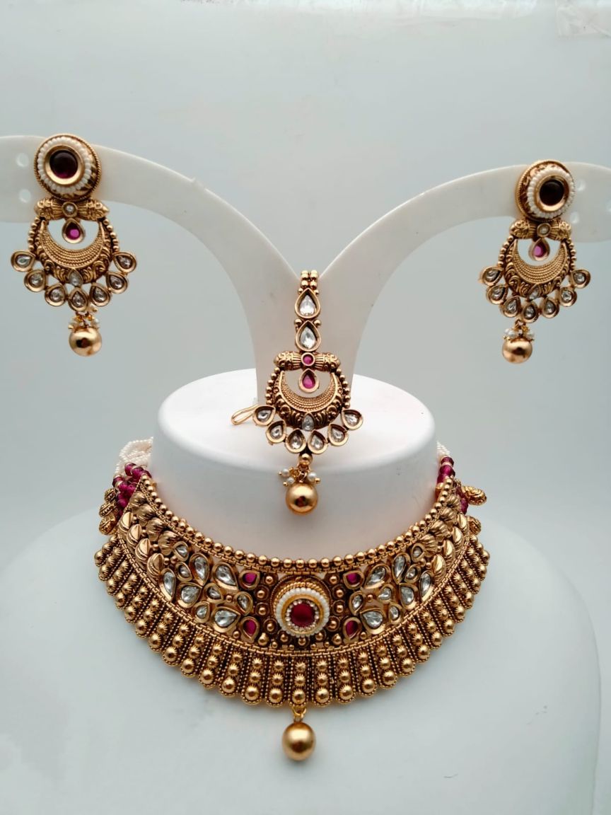 NECKLASE SET IN POLKI (GOLD POLISH) STYLE | DESIGN - 18184
