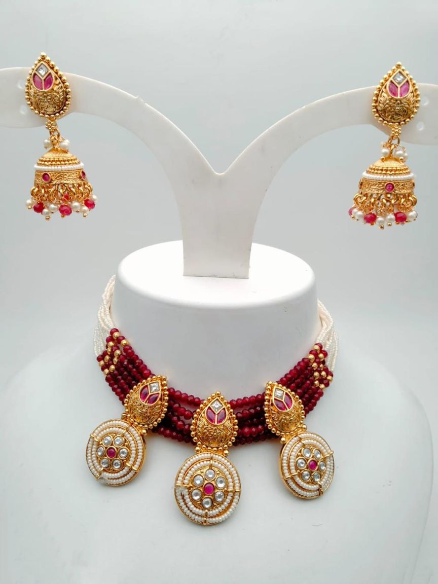 NECKLASE SET IN POLKI (GOLD POLISH) STYLE | DESIGN - 18215