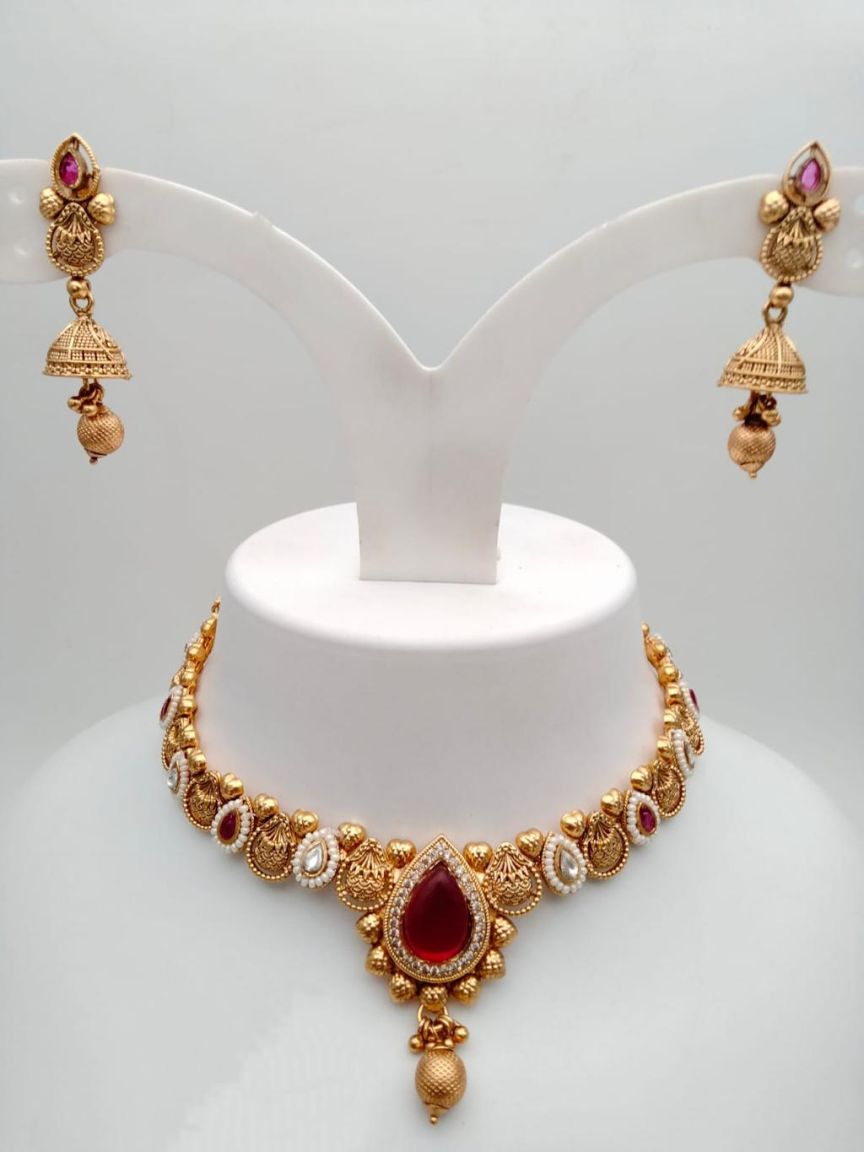NECKLASE SET IN POLKI (GOLD POLISH) STYLE | DESIGN - 18223