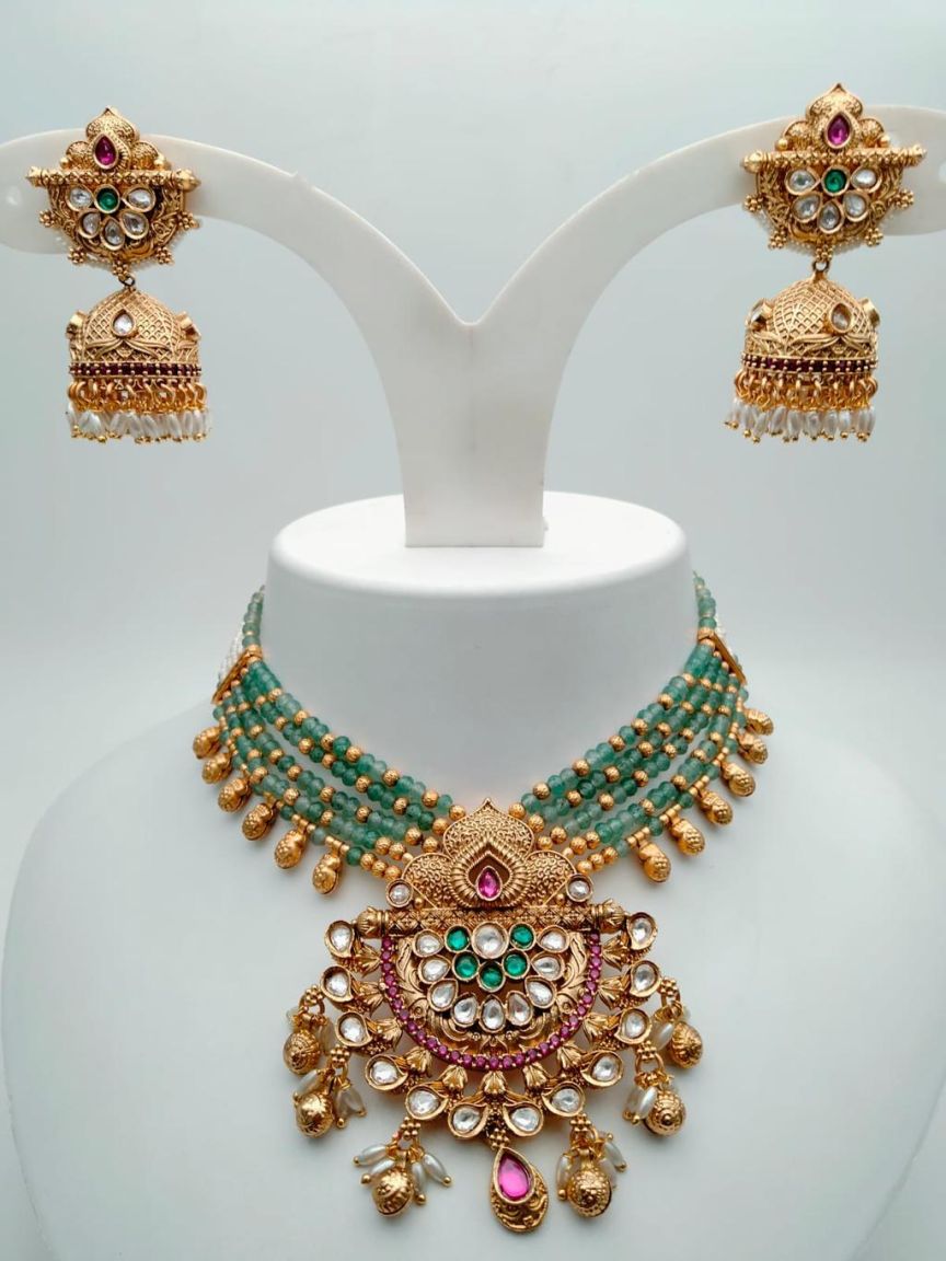 NECKLASE SET IN POLKI (GOLD POLISH) STYLE | DESIGN - 18248