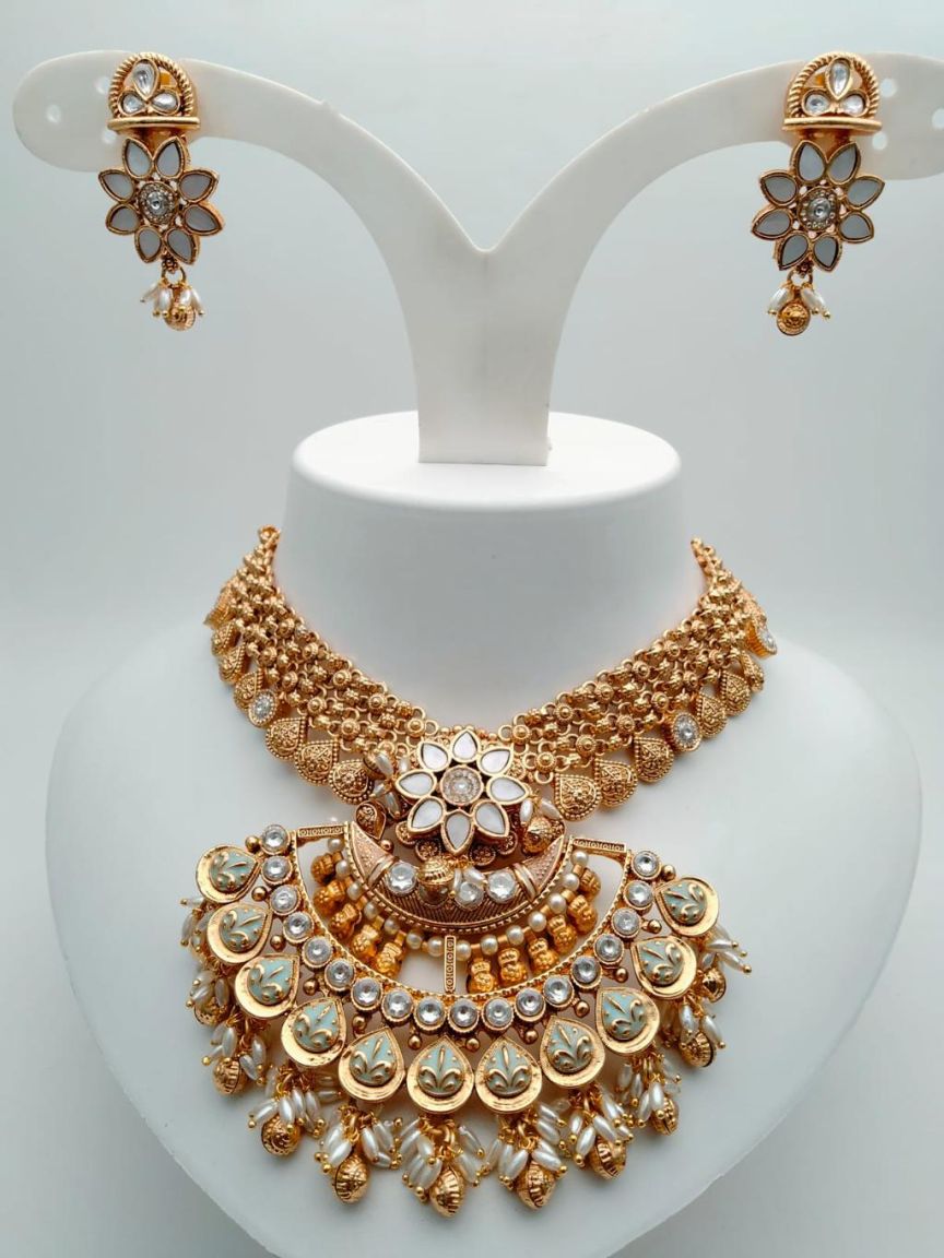 NECKLASE SET IN POLKI (GOLD POLISH) STYLE | DESIGN - 18249